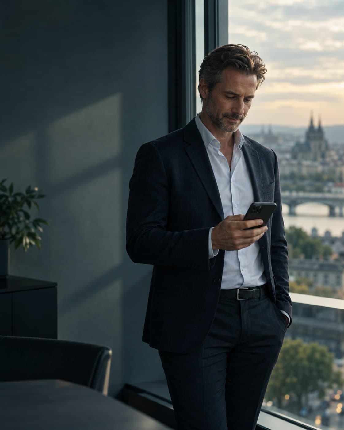 Poradce u okna kanceláře čte upozornění v telefonu.