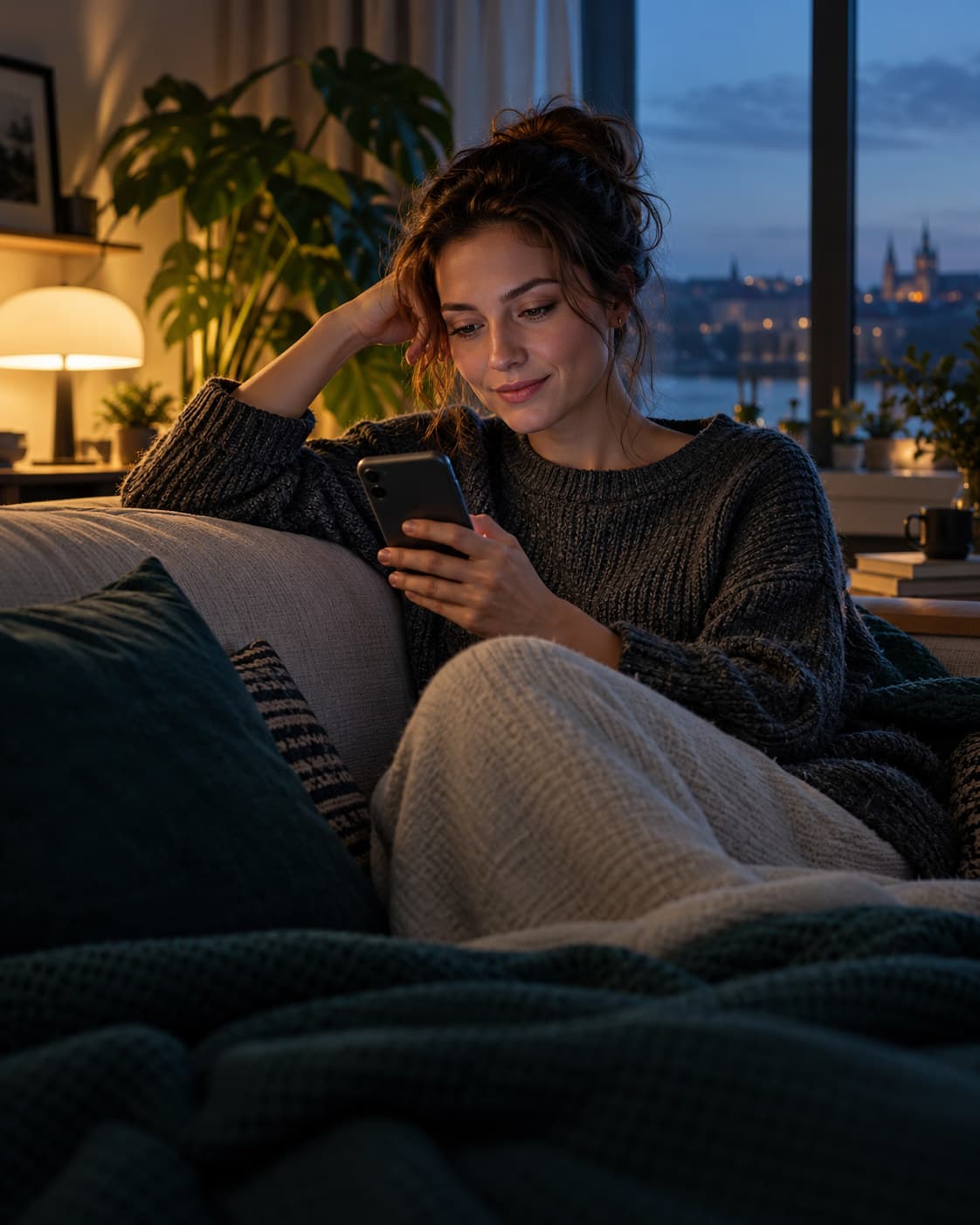 Žena večer doma na pohovce prochází v telefonu žádost od svého poradce.